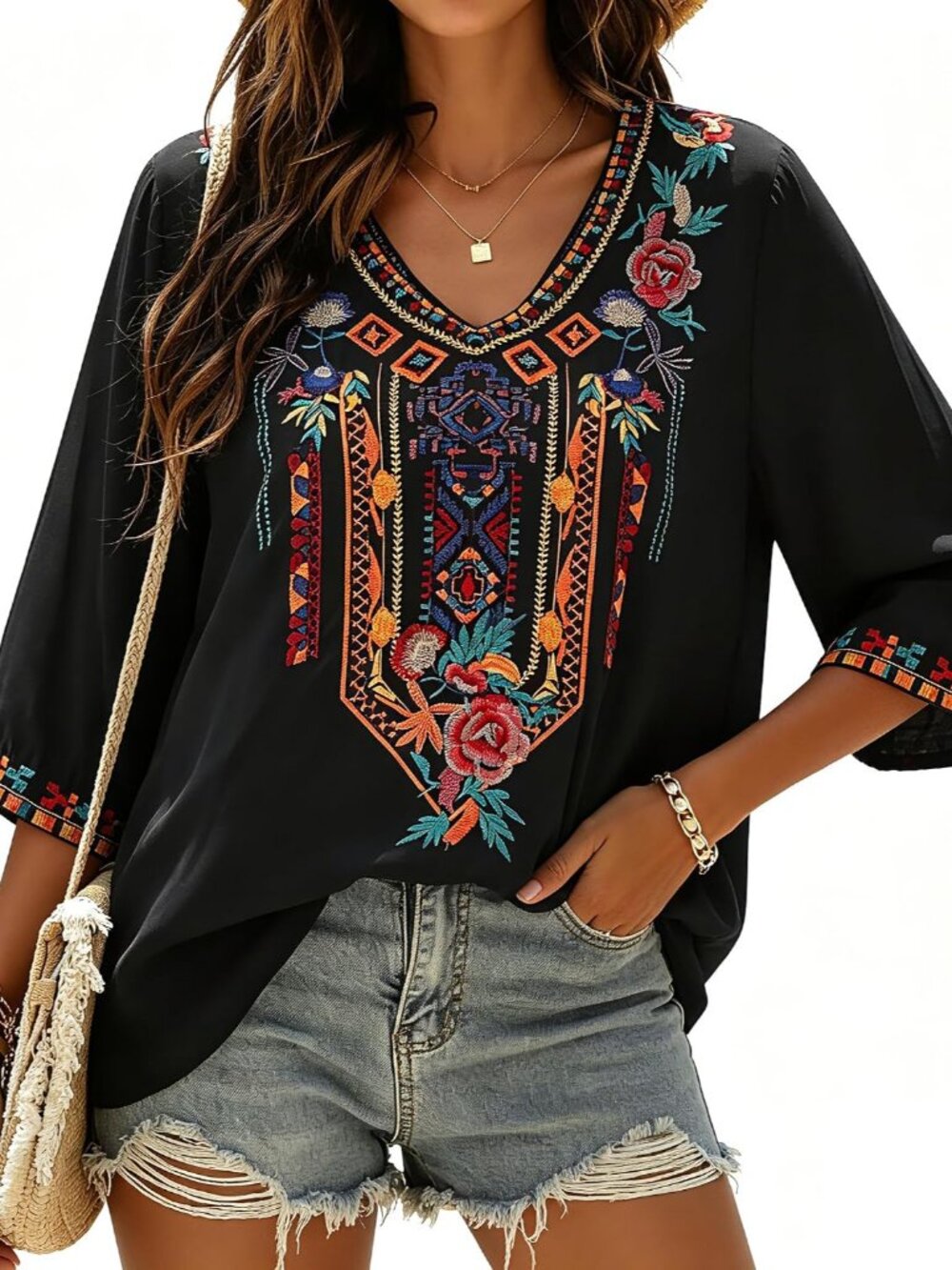 Embroidered Tops for Women 3/4 Sleeve Peasant Blouse Mexican Shirts V Neck Tradi